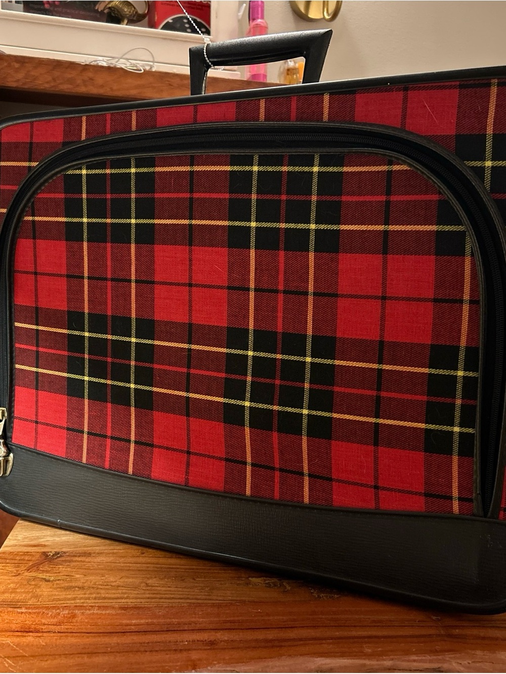 Red Plaid Travel Bag with Black Trim - Classic Men's Carry